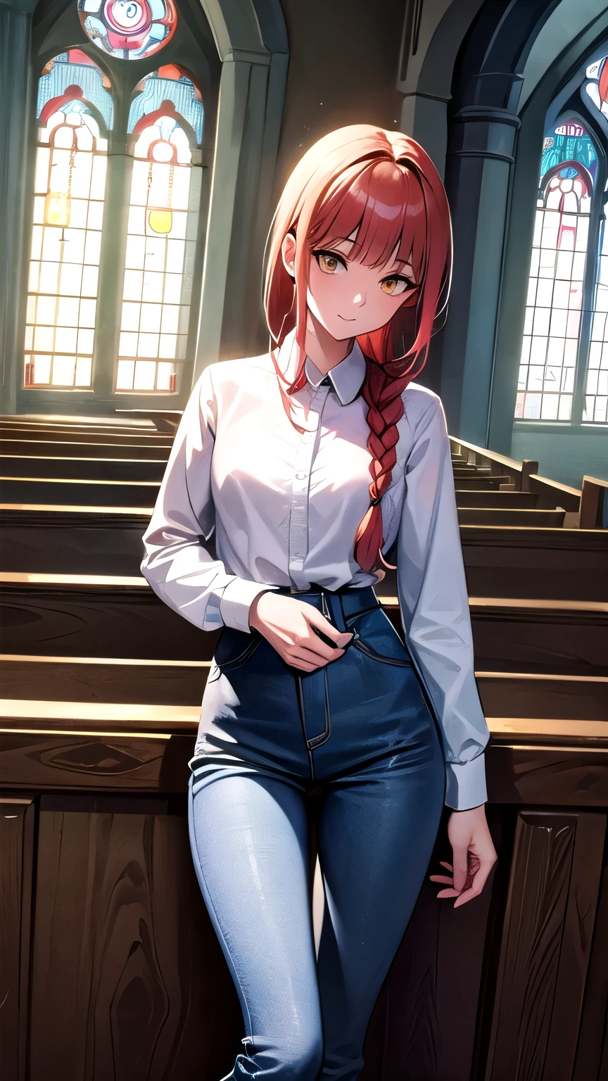 Masterpiece, top quality, best quality, official art, beautiful and aesthetic, anime,1braid, ringed eyes,1girl, Makima, makima \(chainsaw man\)extremely detailed, colorful, more detailed ((ultra-detailed)), (highly detailed CG illustration),church,altar, candless, dark atmosphere, soft light, white blouse, skinny fit, small breasts,in middle.