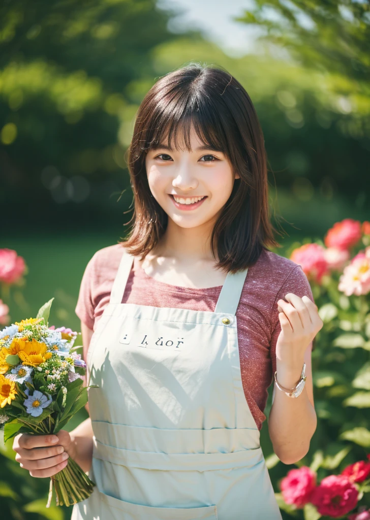 （Realistic, photo-Realistic:1.37),(8K, RAW Photos, Highest quality, masterpiece:1.2), cute, Ultra-detailed, 超High resolution, Kodak Vision Color, Filmed with an Arricam LT camera,Highest quality, Lively, 8K, High resolution, 1 girl, Escape, (Professional Lighting), (Portraiture:0.6), Black Hair, (Medium Hair）,22 years old、おFloristさん、Wear an apron、Make a bouquet、Florist、Surrounded by lots of flowers、smile、
