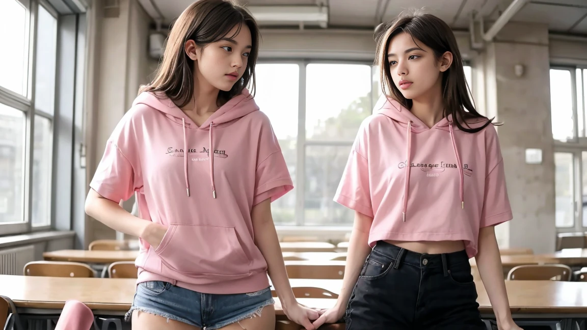 deux femmes ensemble de 18 ans sexy et mince , pink short sleeve hoodie , salle de classe, se touche,position sey,sensuel