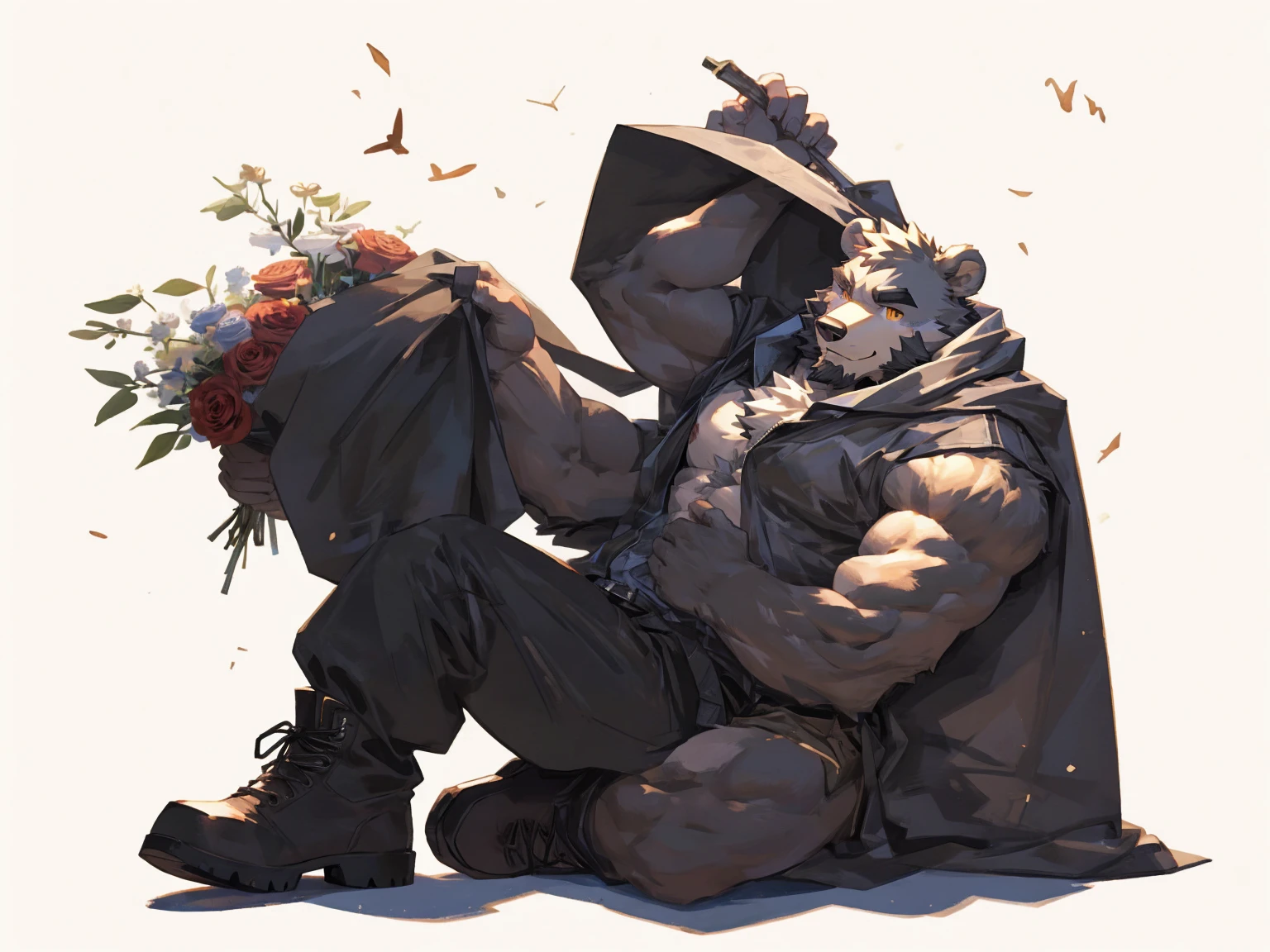 (masterpiece:1.2), best quality,pixiv,official art,perfect anatomy, (Ray tracing, light),solo, (1_male:1.3) , (muscle), (grey fur:1.4), (muscle bear), (beard:1.2), (gleaming golden eyes), bear tail, Thick black eyebrows, (open hooded parka) , (naked inside:1.2), cargo pants, (boots:1.2), (white background:1.3) , (wearing ring on finger: 1.3), (holding many bouquet:1.3)