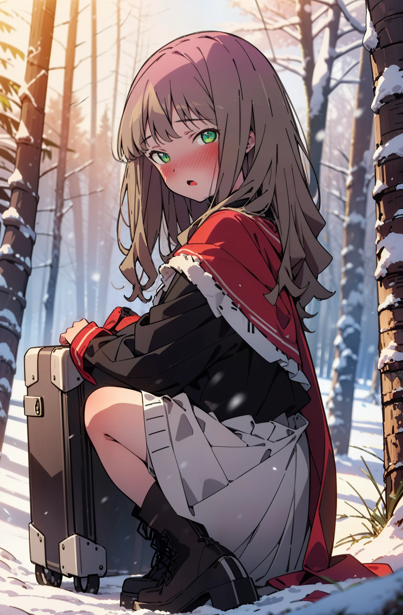 minami yume ,sss Dynazenon ,Long Hair, Brown Hair, (Green Eyes:1.5) ,blush,White Breath,
Open your mouth,snow,Ground bonfire, Outdoor, boots, snowing, From the side, wood, suitcase, Cape, Blurred, forest, White handbag, nature,  Squat, Mouth closed, Cape, winter, Written boundary depth, Black shoes, red Cape break looking at viewer, Upper Body, whole body, break Outdoor, forest, nature, break (masterpiece:1.2), Highest quality, High resolution, unity 8k wallpaper, (shape:0.8), (Beautiful and beautiful eyes:1.6), Highly detailed face, Perfect lighting, Highly detailed CG, (Perfect hands, Perfect Anatomy),