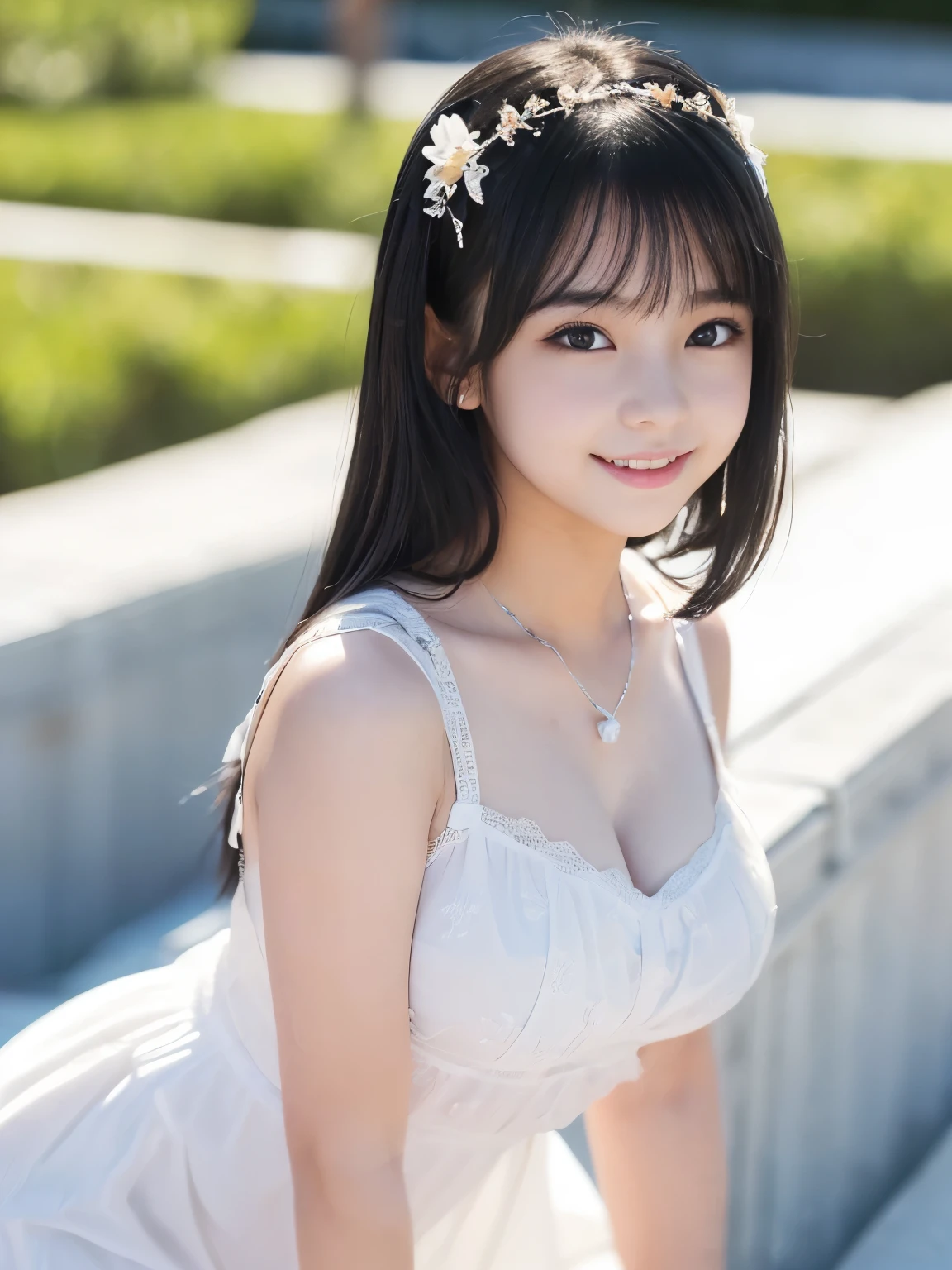 (Best-quality, Masterpiece, Ultra-High-Resolution, (Photorealistic:1.4), Raw Photo, depth of field, professional lighting, perfect anatomy, extremely details), 1girl, 15-years-old, the most famous Japanese idol, ((extremely cute face like the most popular Japanese idol, ((extremely cute and extremely big black-eyes)), extremely beautiful black-hair), (((extremely realistic and extremely beautiful skins))), extremely cute long-eyelashes, extremely cute lips), extremely childish body, ((innocent smile, dynamic pose)), (wearing white long summer-dress with cute-design), (((at Costco, detailed white-long-summer-dress-with-cute-design, detailed Costco, detailed Costco))))