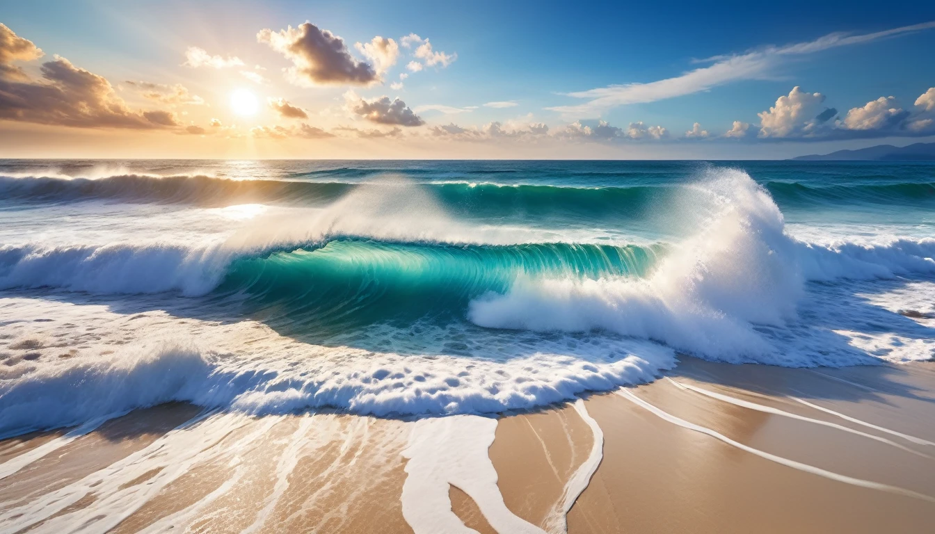 beautiful sunrise seascape, big waves, blue sea and white sand beach (masterpiece, ultra quality, high resolution, 8k, intricate: 1.2), (masterpiece), (best quality:1)