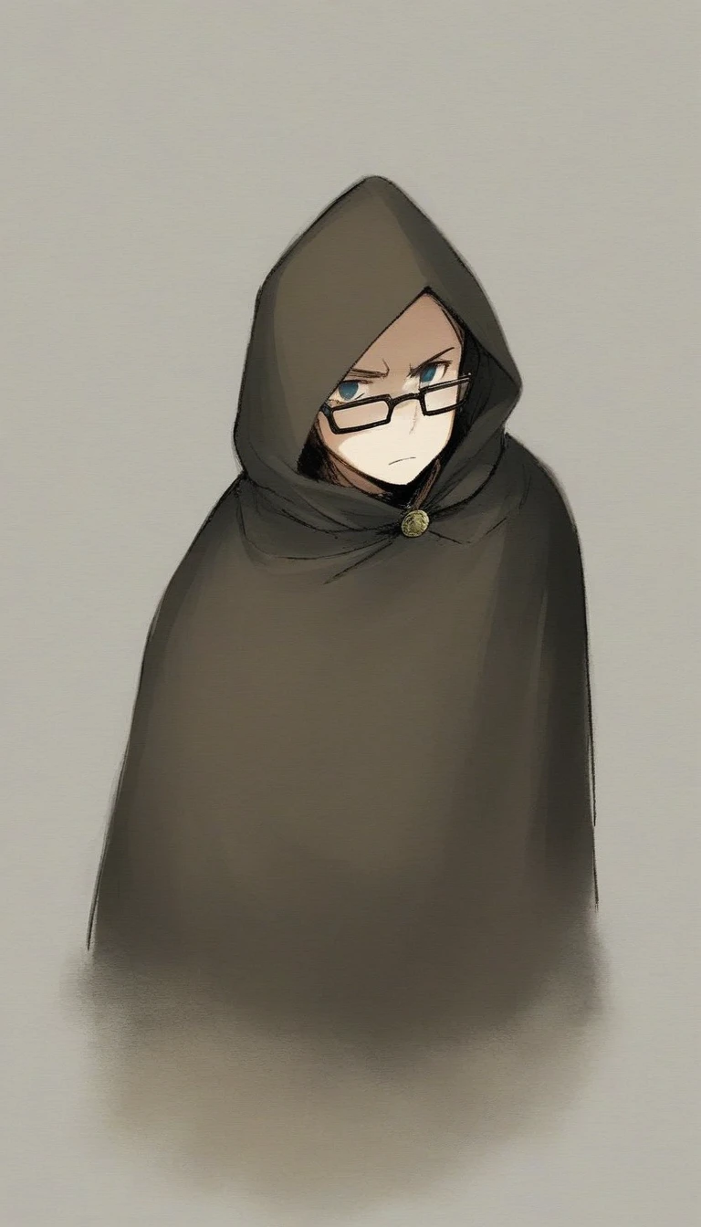 Create an illustration of a mysterious figure wearing a cloak with a hood that partially covers their face. The cloak is primarily light gray with a blue inner lining. The figure has a serious expression and is wearing dark glasses. The background should be a simple, muted gradient to keep the focus on the character. Ensure the style is realistic with detailed shading to emphasize the folds of the cloak and the texture of the fabric