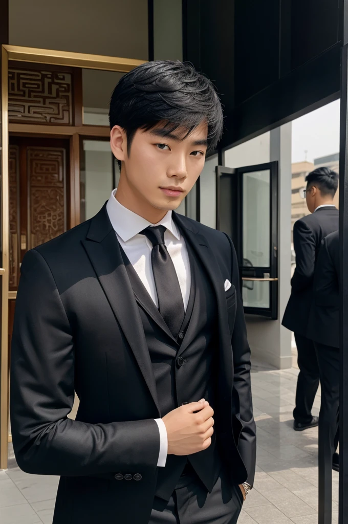 A chinese rich boy image who where a black suit