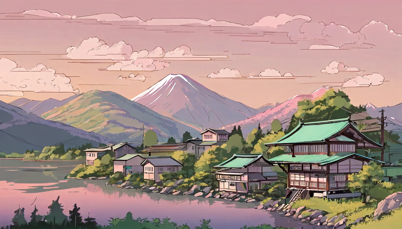 line art, aesthetic art, evening, sunset, clouds, old structured Japanese house, in the valley, surrounded by big mountains, house on river side, green trees, bushes, sunset light pink colour