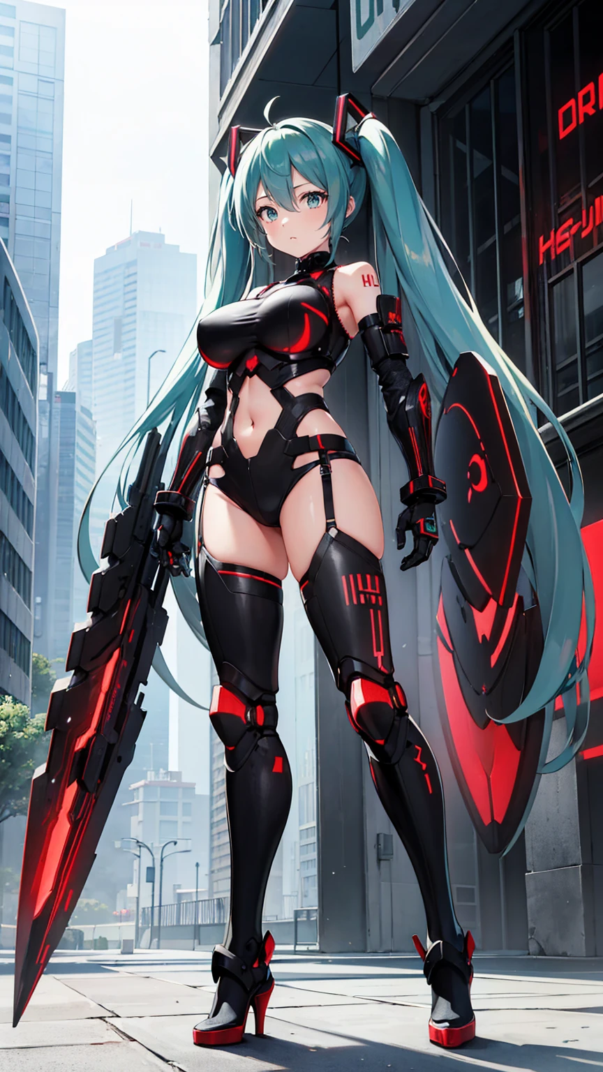 Hatsune Miku VOCALOID, whole body, ((Red and black body armor)), Big Breasts, High heels,cyber punk, Heavy Armor