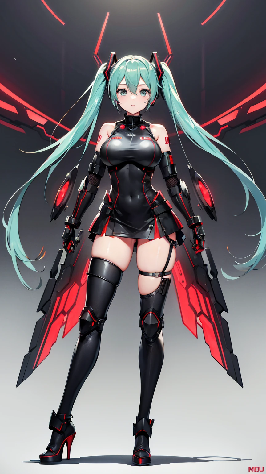 Hatsune Miku VOCALOID, whole body, ((Red and black body armor)), Big Breasts, High heels,cyber punk, Heavy Armor