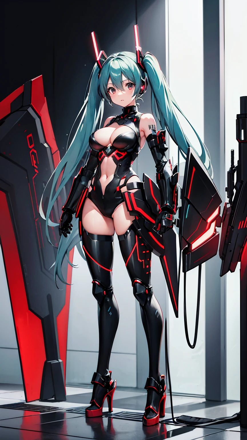 Hatsune Miku VOCALOID, whole body, ((Red and black body armor)), Big Breasts, High heels,cyber punk, Heavy Armor