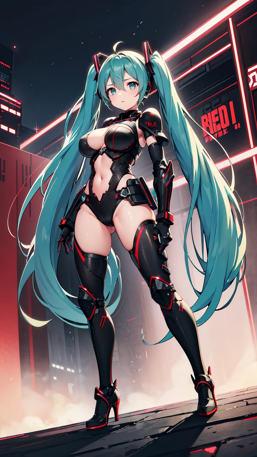 Hatsune Miku VOCALOID, whole body, ((Red and black body armor)), , High heels,cyber punk, Heavy Armor