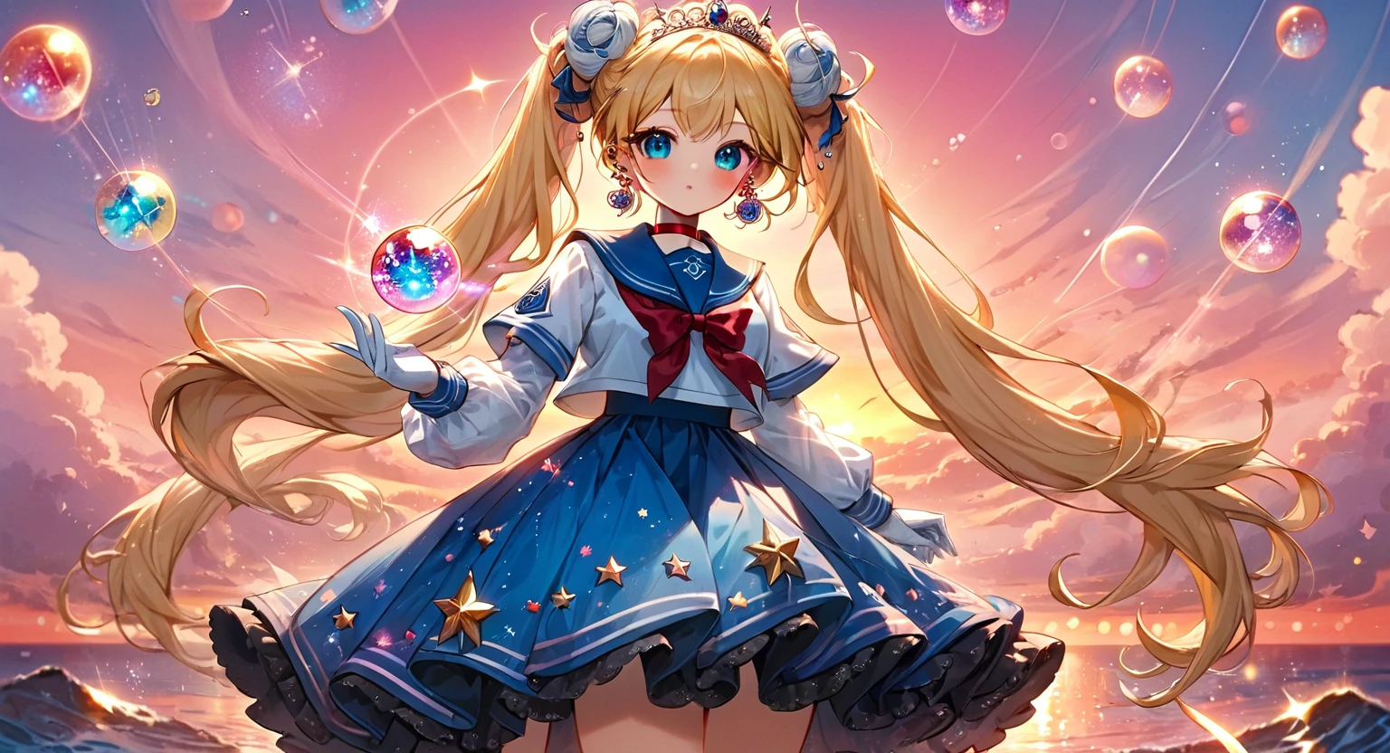 (masterpiece, best quality, very aesthetic, ultra detailed), intricate details, 4k, aausagi, long hair, blonde hair, double bun, twintails, parted bangs, tiara, earrings, blue eyes, red choker, blue sailor collar, red bow, white shirt, elbow gloves, white gloves, blue skirt, standing, posing in front of a pink sunset, ornate magical dress, coquette, glitter, magic effects, pastel colors, kawaii