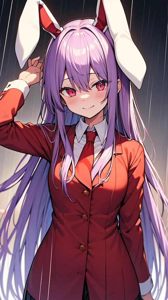 reisen₋udongein₋inaba Light purple long hair Red eyes Red jacket Red blazer White rabbit ears Red tie Smiling Wet in the rain Top quality Masterpiece