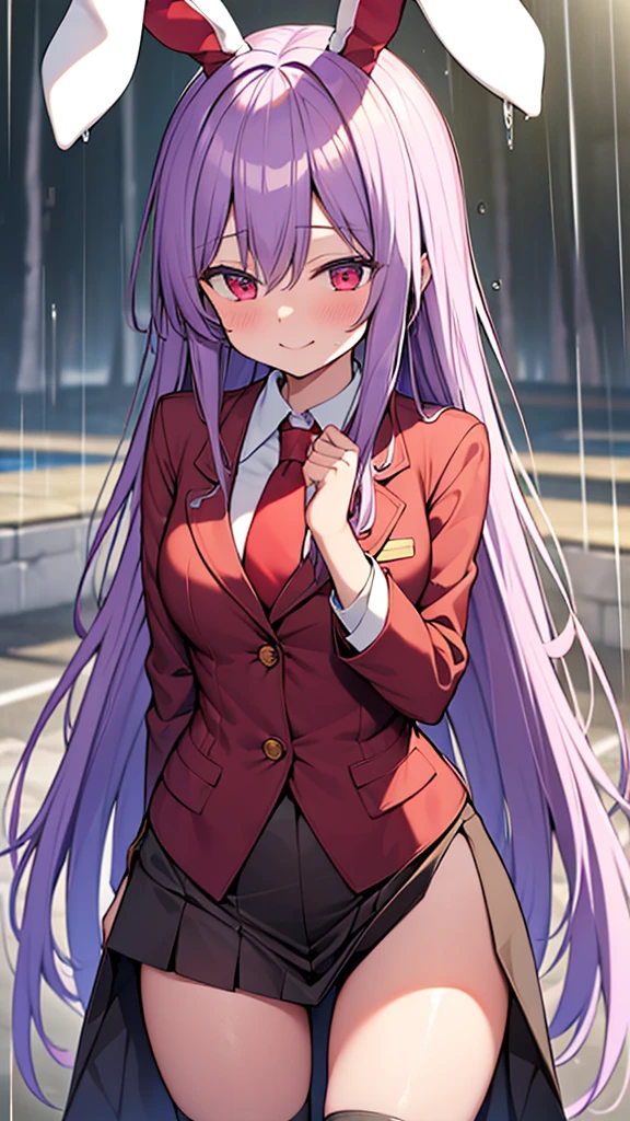 reisen₋udongein₋inaba Light purple long hair Red eyes Red jacket Red blazer White rabbit ears Red tie Smiling Wet in the rain Top quality Masterpiece