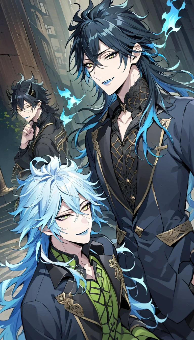 (pieces fly), (highest quality), very detailed, ((two men)), perfect face, beautiful face, very detailed face,(black haired man:1.3),(white haired man:1.3),suit,shirt,smile,flower, (1st boy,Idia Shroud, bishounen, boy, male, extremely long hair, blue hair, blue fire hair, wavy hair, yellow eyes, tired expression, blue lips, handsome, skinny, geeky, blue glow, shark teeth, anime style,) (2nd boy, malleus draconia \(twisted wonderland\) horns, bishounen, boy, male, long hair, black hair, yellow green eyes, smile, gray lips, handsome, skinny, tall, yellow green glow, anime style),