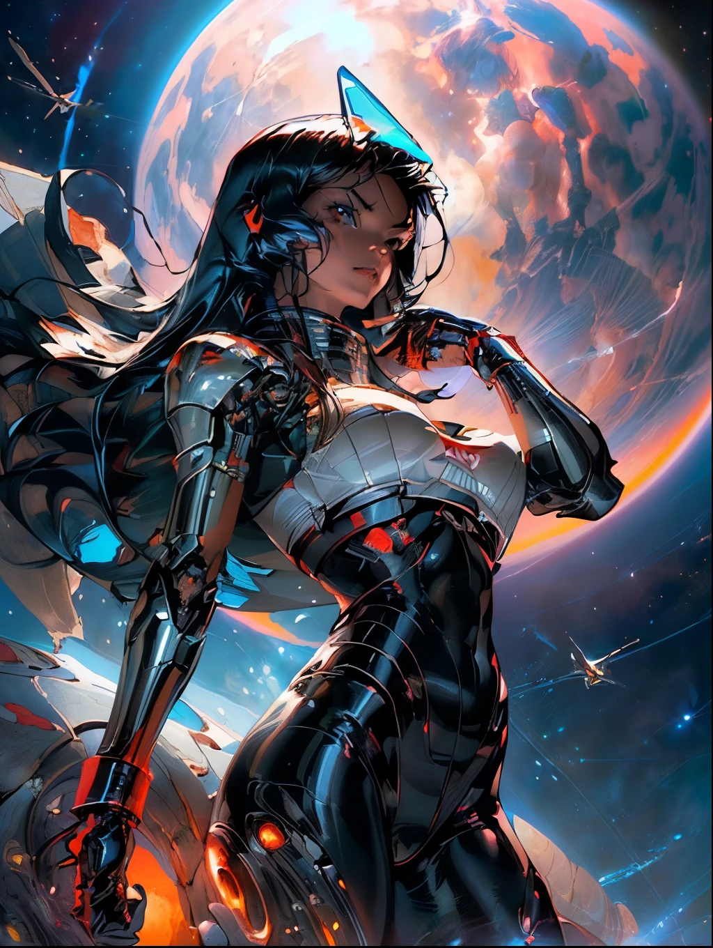 (((low angle shot))), ((women fighting in war wearing ultra thin translucent bikini with gorgeous muscular long legs)), ((red and black hues)), prismatic, reflective, ((ultra perfect flowing hairstyle)), (((huge natural breasts, tan lines))), ((perfect radiant skin color)), ((super colourful)), (((cinematic sunset gorgeous skies))), (((detailed spaceship background and incredibly sci-fi retro art masterpiece))), (((1:1 scale proportions))), ((science fiction)), ((chrome spaceships)), (((ultra photorealistic realism))), ((Smooth curves, clean lines, streamlined, functional aesthetics, reflective surfaces, integrated lighting, giant floating spaceships, engraved Egyptian and spiritual motifs)), ((acrylic plastic robot))
