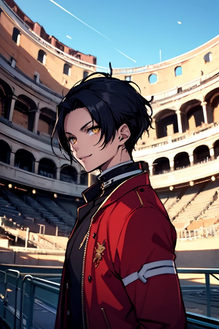 (masterpiece, best quality:1.2), hui xiyi,1boy,hair between eyes,looking at viewer,sash,short hair,solo,yellow eyes,rekkyo sensen,forehead,short eyebrow, red jacket, black underwear, background((sky, blue sky, colosseum, stage, flower))