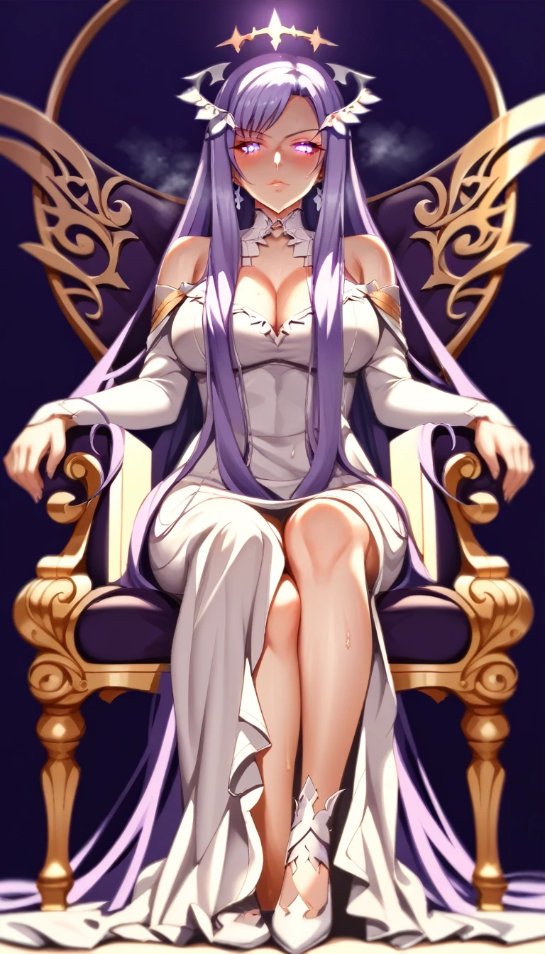 score_9, score_8_up, score_7_up, score_6_up, uncensored, quinella, absurdly long hair, purple eyes, long hair, parted bangs, purple hair, very long hair, hair ornament, horny face, blush face, lips, naughty face, sweating, steaming body, annoyed, glaring eyes, BREAK (masterpiece:1.2), best quality, high resolution, unity 8k wallpaper, (illustration:0.8), (beautiful detailed eyes:1.6), extremely detailed face, perfect lighting, extremely detailed CG, (perfect hands, perfect anatomy), hollow eyes, bright pupils,1girl, sitting, solo, jewelry, earrings, throne, dress, full_body, bare_shoulders, looking_at_viewer, crown, breasts, white_dress, simple_background, glowing eyes, 