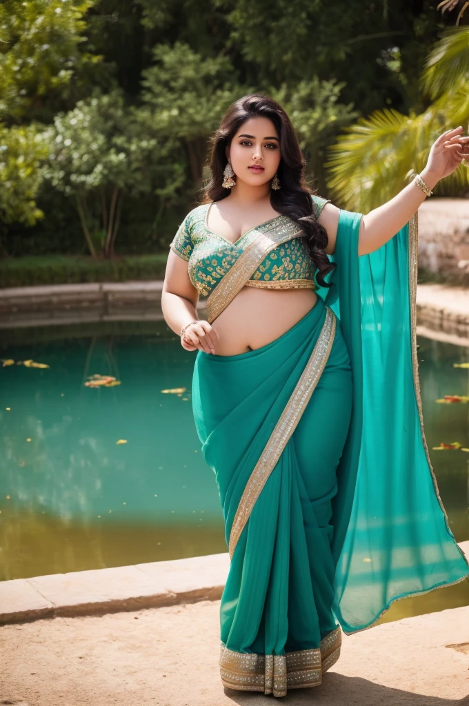 1 Heavenly beautiful and goddess beauty cute and sweet looking face Arabian woman in front of village pond, Heavenly beautiful Overweight, Heavenly beautiful Extremely fat, Heavenly beautiful and attractive Chubby figure , Heavenly beautiful looking and eye catching luxury style saree , reaching out, Heavenly beautiful Arabian woman, 16k, High resolution, masterpiece, highest quality, fine skin, close up figure view, Realistic Photograph