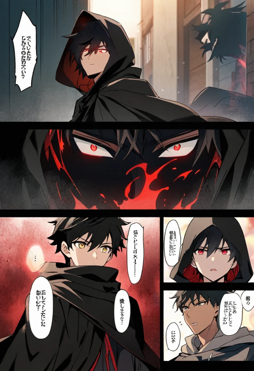 anime comic, a teenage boy character with black hair, crimson eyes. he wore a black cloak with a hood covering his head. he had a dangerous power, a blood red aura around him. he met a black haired man in a black hood too and the man had bright golden eyes. 