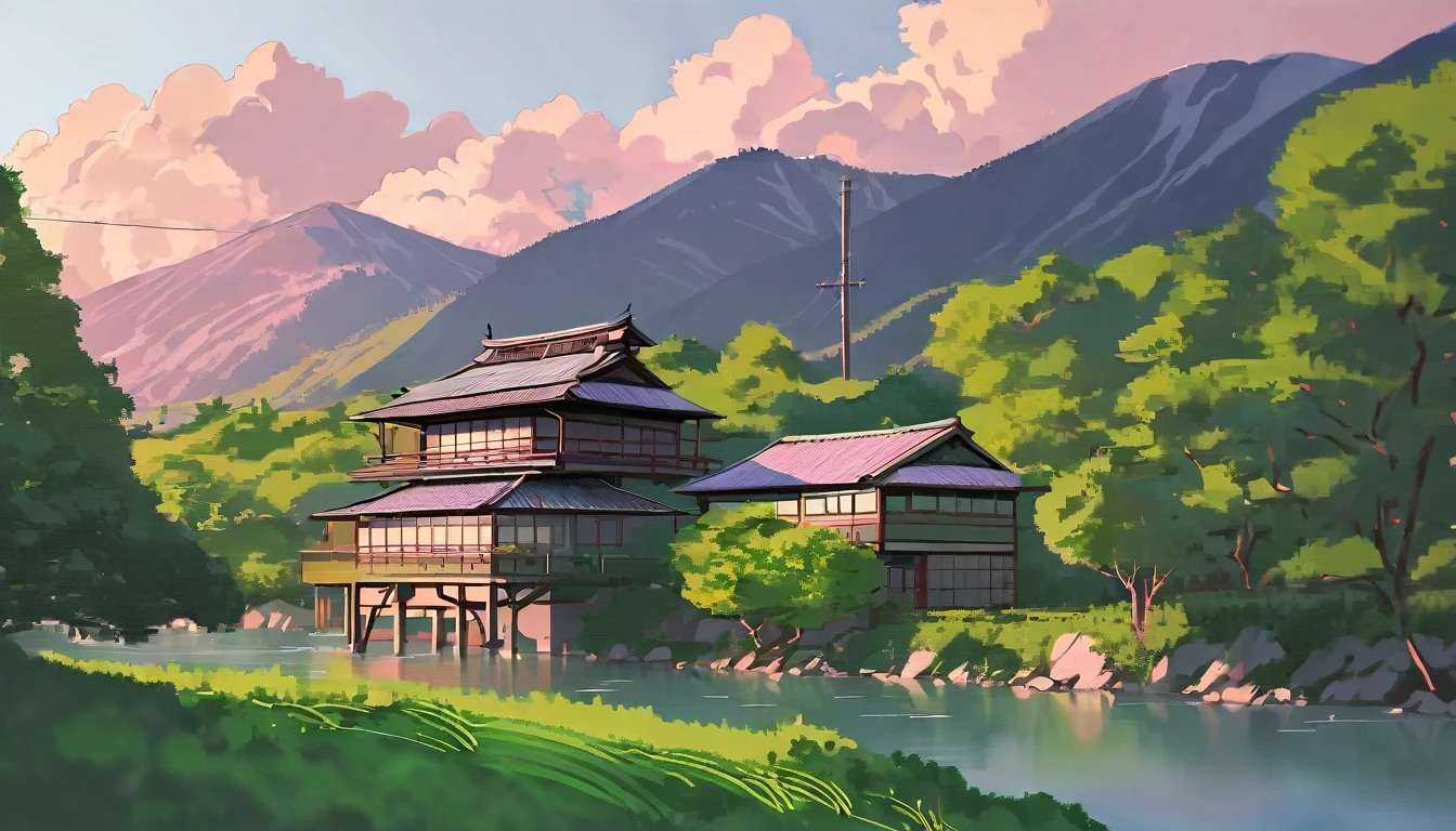 line art, aesthetic art, evening, sunset, clouds, old structured Japanese house, in the valley, surrounded by big mountains, house on river side, green trees, bushes, sunset light pink colour