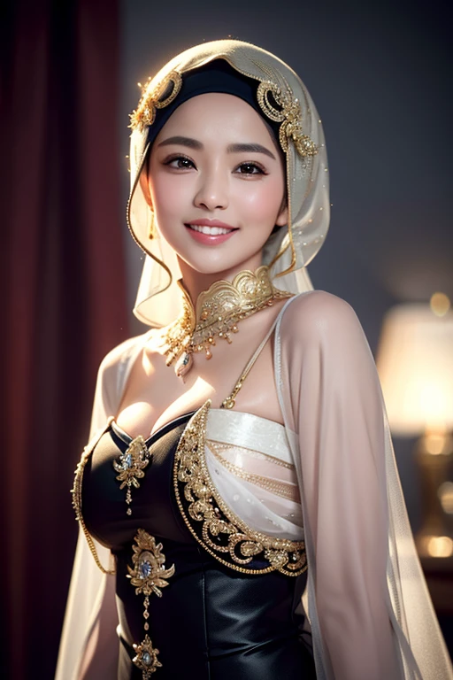 1girl, (face veil,mouth veil:1) ,dancer,masterpiece,bride,bride,(portrait:1.4), high quality, tropical palace ,(masterpiece:1.2),(best quality:1.2),shiny skin,(see-through),realistic,smile ,ornate,intricate,looking at viewer