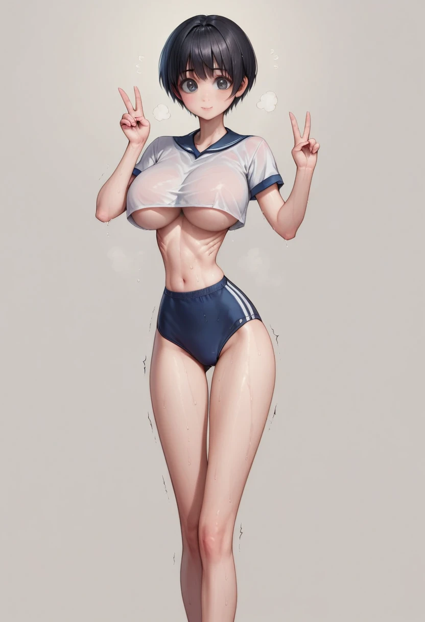 (masterpiece, best quality:1.2), realistic, High contrast, behind shot, 1girl, kawaii, (super big breasts, micro waist, very long legs:1.3), Black hair, short bob hair, short height, scrawny and thin body, Light Skin, cute big eyes, cute beautiful thin face, school gym buruma, pigeon-toed, wet and sweaty, visible ribs, V sign, Trembling