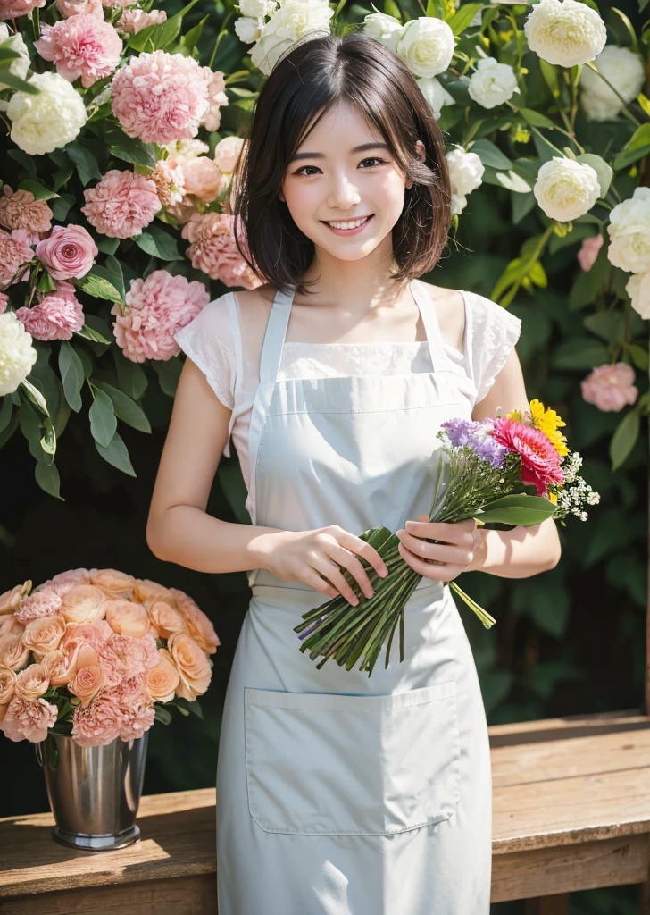 (Realistic, photo-Realistic:1.37),(8K, RAW Photos, Highest quality, masterpiece:1.2), cute, Ultra-detailed, 超High resolution, Kodak Vision Color, Filmed with an Arricam LT camera,Highest quality, Lively, 8K, High resolution, 1 girl, Escape, (Professional Lighting), (Portraiture:0.6), Black Hair, (Medium Hair),22 years old、おFloristさん、Wear an apron、Make a bouquet、Florist、Surrounded by lots of flowers、smile、