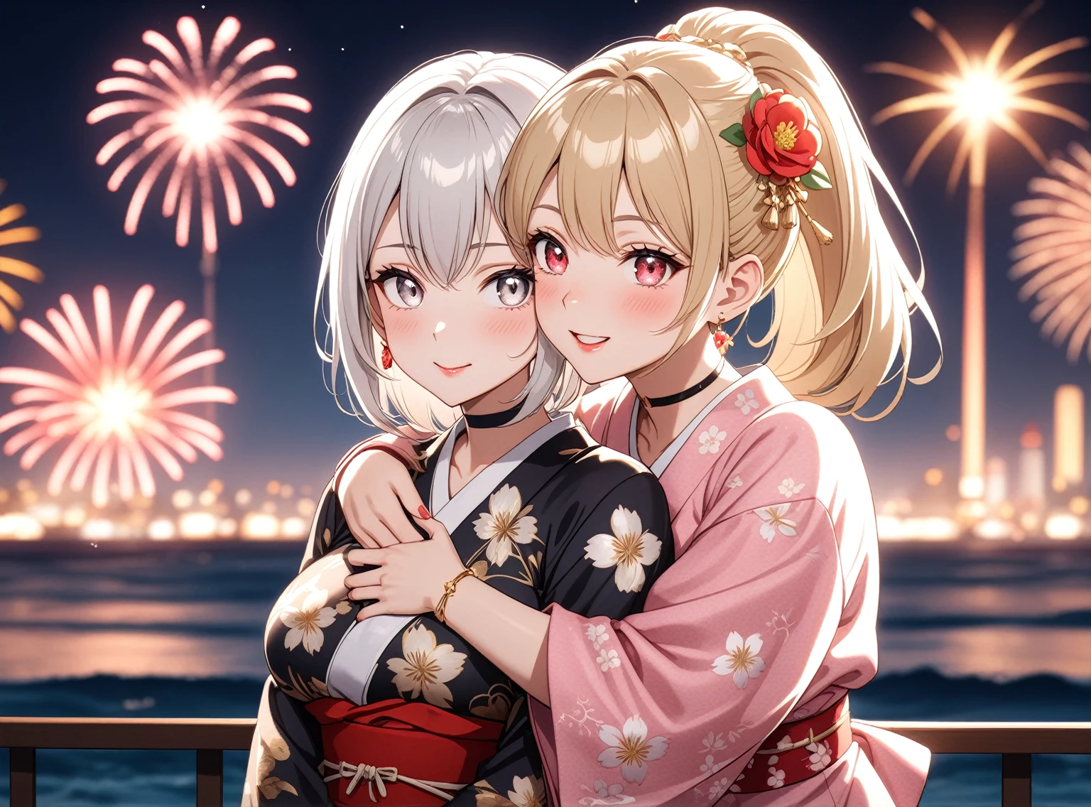 ((Two Women)), Beautiful Face, (Laughing embarrassedly), ((laugh)), ((Wink:1.8)), ((waving at viewer:1.3), Laugh with your mouth wide open,((Bright red cheeks:1.4)),Shiny red lips, night,横浜のnight景,You can see the ocean, firework,,Glossy pink lips,Facial lighting,((Anime style background)),masterpiece, Highest quality, so beautiful,up to date, Complex details, (4fingers and 1thumbs), (Pink long nails), (ring),(bracelet),(choker),AI-generated, Complex,High resolution, Highest quality, super high quality,3D Images、3D Images,One person,Long white hair,Blonde Hair, High Ponytail,(blue eyes),Anime woman posing for a photo, ((Fine grain、Silvery white eyes、Shining Eyes:1.4)), (Squint your eyes:1.1),a hyperRealistic , hyperRealistic , Realistic,Anime woman with long white hair, Smooth anime CG art, A woman in a colorful kimono with gold embroidery, (Black long sleeve kimono),(Pink long sleeve kimono), Red floral pattern,Long flower hair ornament,Earrings,Mature Body,(Big Breasts:1.1),Tall,Abdominal muscles,Narrow waist, ((hug from behind)),