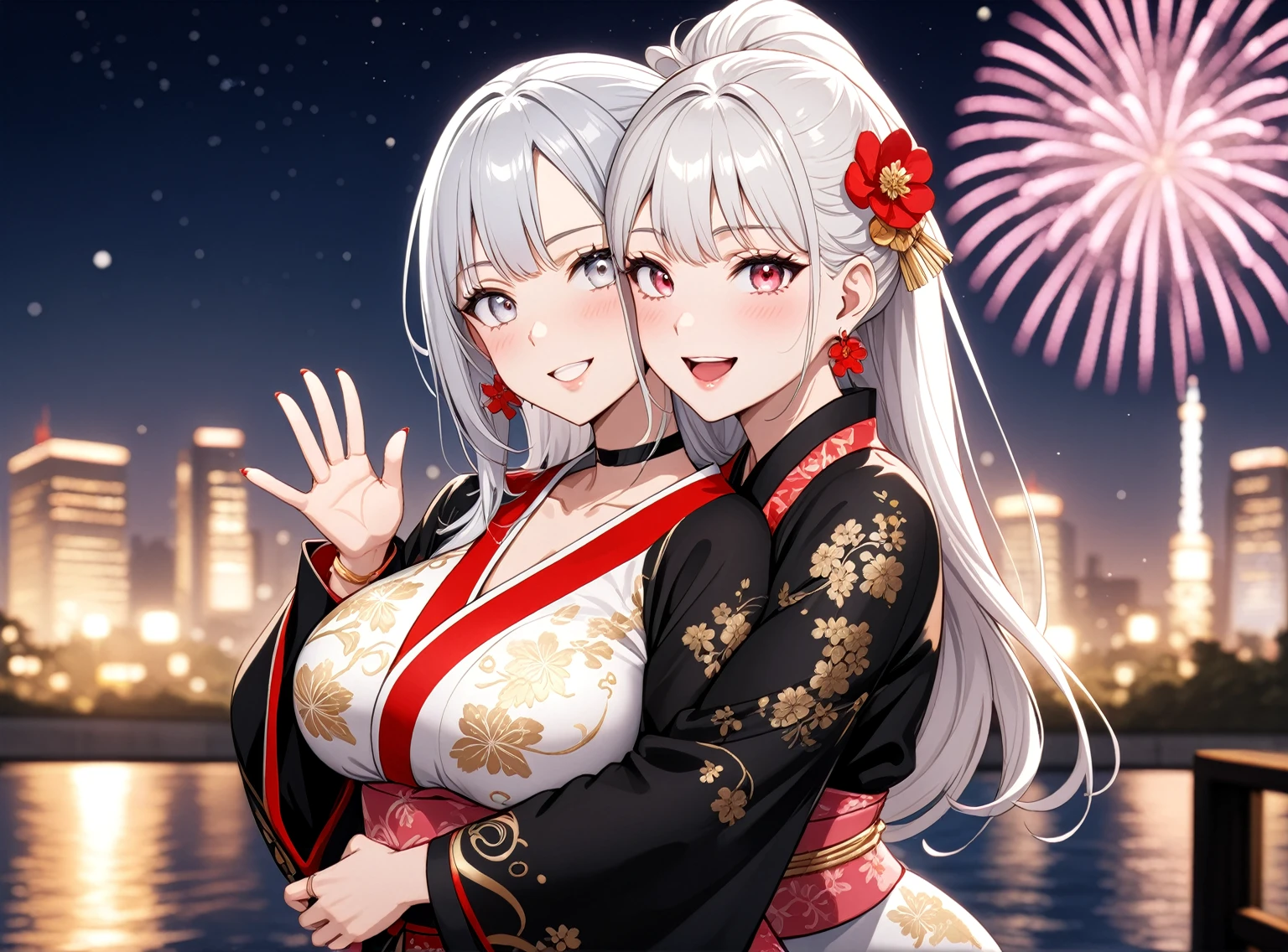 ((Two Women)), Beautiful Face, (Laughing embarrassedly), ((laugh)), ((Wink:1.8)), ((waving at viewer:1.3), Laugh with your mouth wide open,((Bright red cheeks:1.4)),Shiny red lips, night,横浜のnight景,You can see the ocean, firework,,Glossy pink lips,Facial lighting,((Anime style background)),masterpiece, Highest quality, so beautiful,up to date, Complex details, (4fingers and 1thumbs), (Pink long nails), (ring),(bracelet),(choker),AI-generated, Complex,High resolution, Highest quality, super high quality,3D Images、3D Images,One person,Long white hair,Blonde Hair, High Ponytail,(blue eyes),Anime woman posing for a photo, ((Fine grain、Silvery white eyes、Shining Eyes:1.4)),  (Squint your eyes:1.1),a hyperRealistic , hyperRealistic , Realistic,Anime woman with long white hair, Smooth anime CG art, A woman in a colorful kimono with gold embroidery, (Black long sleeve kimono),(Pink long sleeve kimono), Red floral pattern,Long flower hair ornament,Earrings,Mature Body,(Big Breasts:1.1),Tall,Abdominal muscles,Narrow waist, ((hug from behind)),