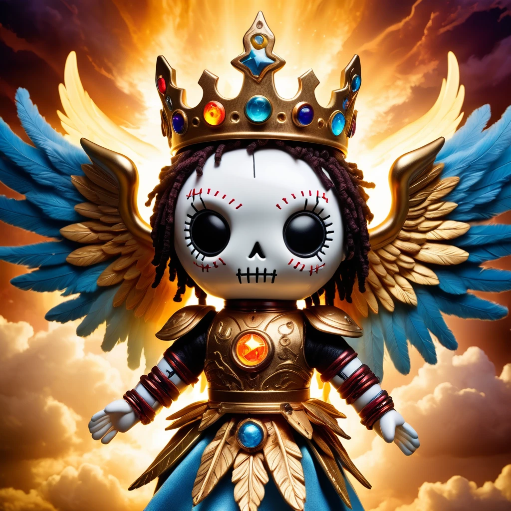 (knitted toy voodoo doll:1.7), (Voodoo Celestial Archangel:1.3), (Clothing: radiant armor with celestial symbols, glowing wings:1.0), (Accessories: flaming sword, divine shield, halo crown:1.2), (background: heavenly realm with golden clouds, celestial gates, and beams of divine light:1.2), best quality, masterpiece, detailed soft oil painting, detailed background, dramatic cinematic lighting, soft edge lighting, professional, dramatic lighting, hard edge lighting, ultra quality, 4k, masterpiece, best quality, 8k, ultra high definition, high resolution, extremely detailed