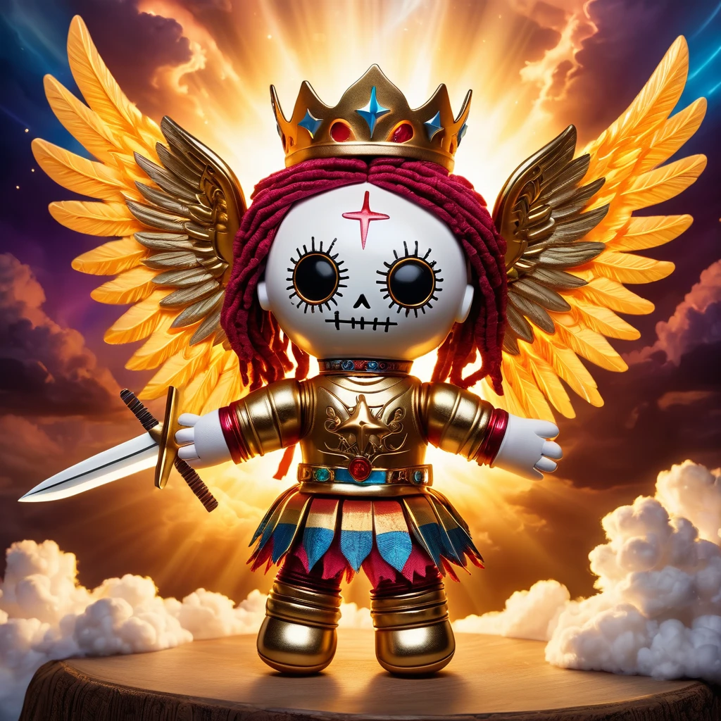 (knitted toy voodoo doll:1.7), (Voodoo Celestial Archangel:1.3), (Clothing: radiant armor with celestial symbols, glowing wings:1.0), (Accessories: flaming sword, divine shield, halo crown:1.2), (background: heavenly realm with golden clouds, celestial gates, and beams of divine light:1.2), best quality, masterpiece, detailed soft oil painting, detailed background, dramatic cinematic lighting, soft edge lighting, professional, dramatic lighting, hard edge lighting, ultra quality, 4k, masterpiece, best quality, 8k, ultra high definition, high resolution, extremely detailed

