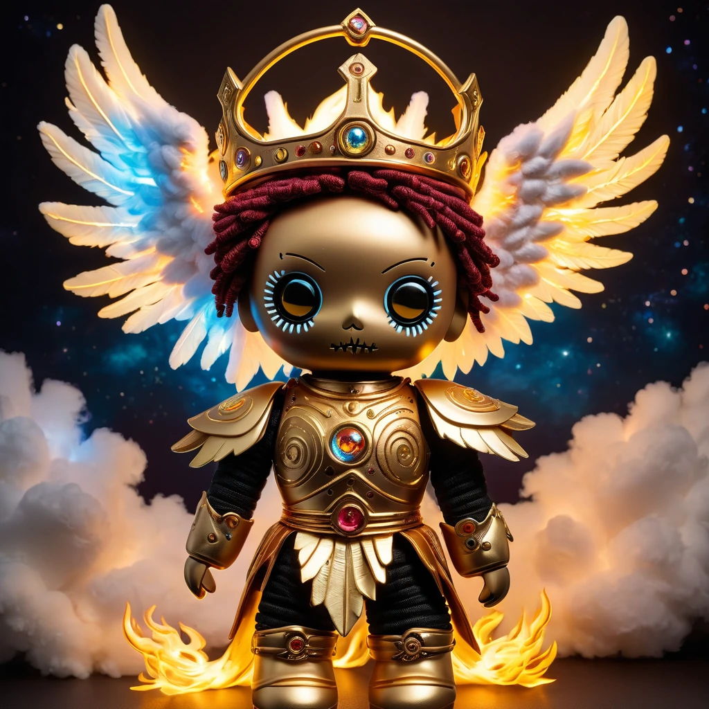 (knitted toy voodoo doll:1.7), (Voodoo Celestial Archangel:1.3), (Clothing: radiant armor with celestial symbols, glowing wings:1.0), (Accessories: flaming sword, divine shield, halo crown:1.2), (background: heavenly realm with golden clouds, celestial gates, and beams of divine light:1.2), best quality, masterpiece, detailed soft oil painting, detailed background, dramatic cinematic lighting, soft edge lighting, professional, dramatic lighting, hard edge lighting, ultra quality, 4k, masterpiece, best quality, 8k, ultra high definition, high resolution, extremely detailed