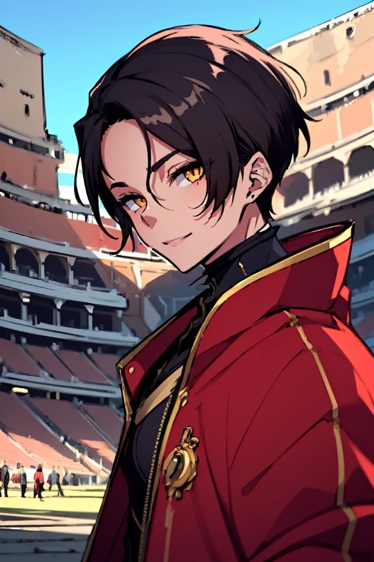 (masterpiece, best quality:1.2), hui xiyi,1boy,hair between eyes,looking at viewer,sash,short hair,solo,yellow eyes, chinese clothes, rekkyo sensen,forehead,short eyebrow, red jacket, black underwear, background((sky, blue sky, colosseum, stage, flower))