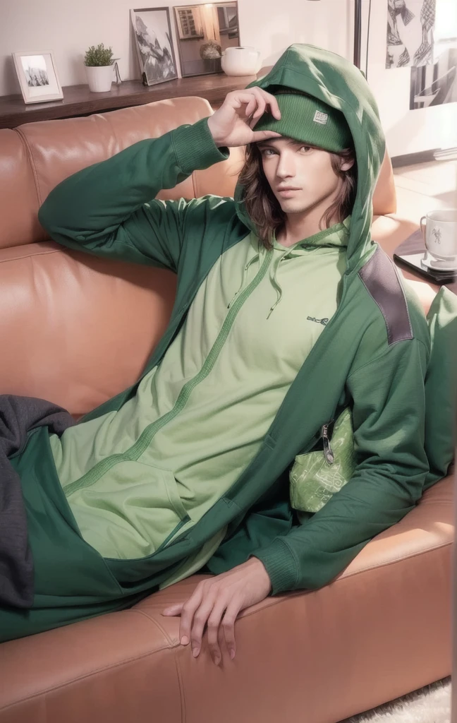 style picture of a man in a green outfit laying on a couch, in a hoodie, wearing a baggy pajamas
