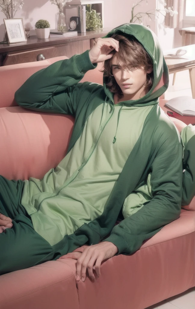 style picture of a man in a green outfit laying on a couch, in a hoodie, wearing a baggy pajamas