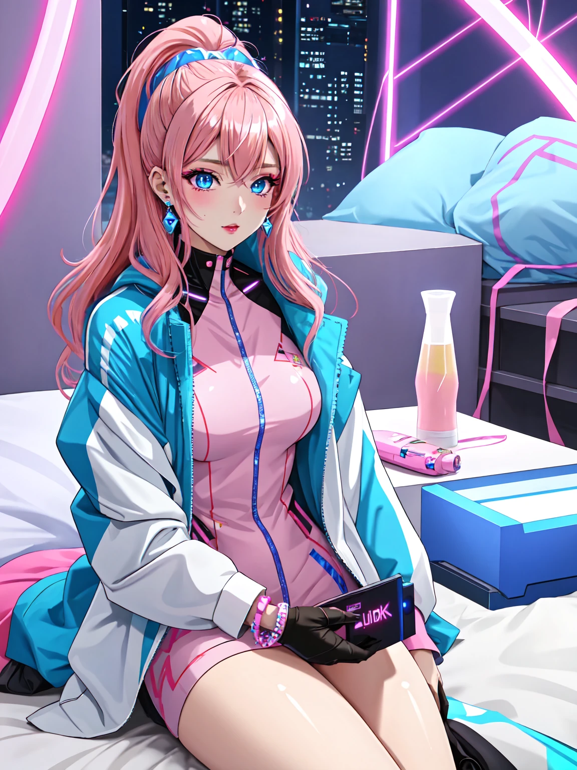 A futuristic gyaru girl from a 2010s-inspired sci-fi magazine, waking up in a high-tech pod with neon blue and pink hair, sleepy eyes highlighted by holographic makeup, sharp metallic eyebrows, and a flawless, radiant complexion. She wears a sleek silver bodysuit with transparent panels and intricate digital patterns, paired with futuristic jewelry including LED earrings and a smart bracelet displaying notifications. Sitting on a futuristic bed surrounded by holographic fashion displays and tech gadgets, she sips a nutrient-infused energy drink, in a sleek, minimalist bedroom with glowing walls and digital art reflecting her love for advanced technology and fashion.