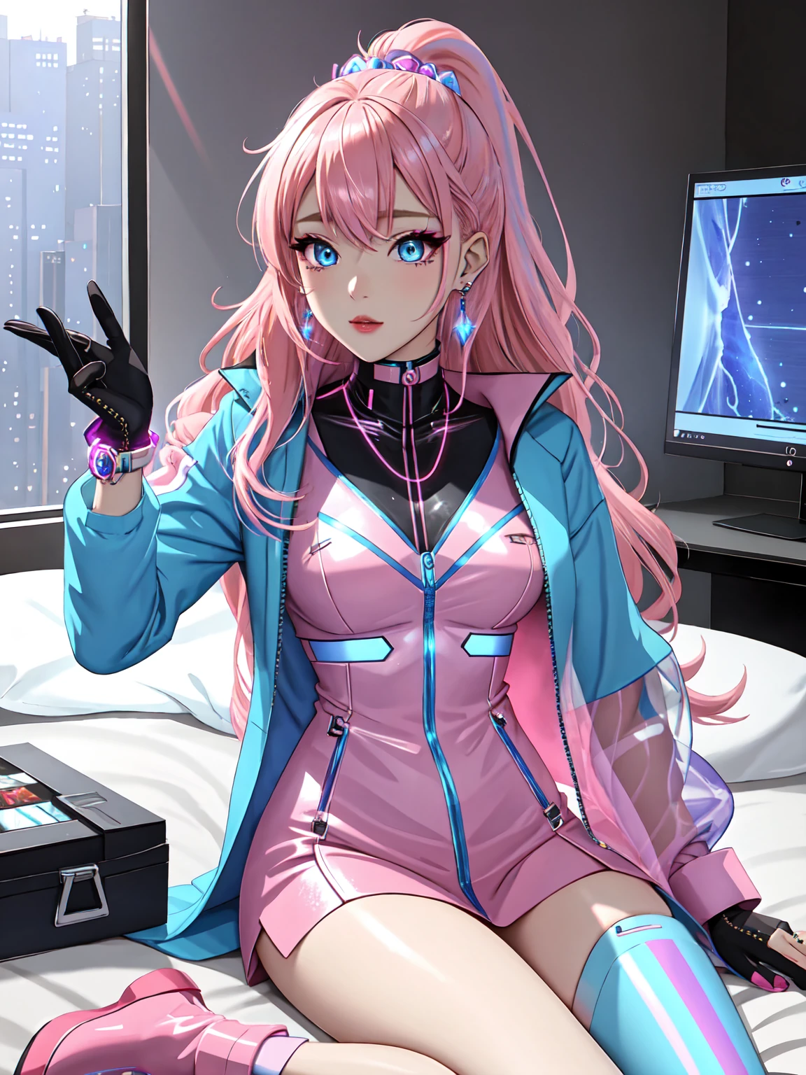 A futuristic gyaru girl from a 2010s-inspired sci-fi magazine, waking up in a high-tech pod with neon blue and pink hair, sleepy eyes highlighted by holographic makeup, sharp metallic eyebrows, and a flawless, radiant complexion. She wears a sleek silver bodysuit with transparent panels and intricate digital patterns, paired with futuristic jewelry including LED earrings and a smart bracelet displaying notifications. Sitting on a futuristic bed surrounded by holographic fashion displays and tech gadgets, she sips a nutrient-infused energy drink, in a sleek, minimalist bedroom with glowing walls and digital art reflecting her love for advanced technology and fashion.