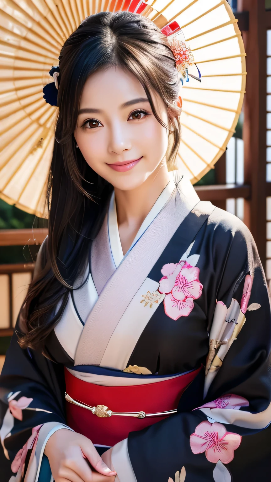 (Super beautiful woman in kimono)、((highest quality、8K masterpiece:1.3))、sharp focus:1.2、(super beautiful face:1.0)、(shiny skin:1.0)、realistic pictures、black hair、video lighting、High resolution eyes and face、video lighting、japanese actress、from the front、with a happy smile、whole body、wearing a kimono、in Kyoto、(luxury obi)、with a fan