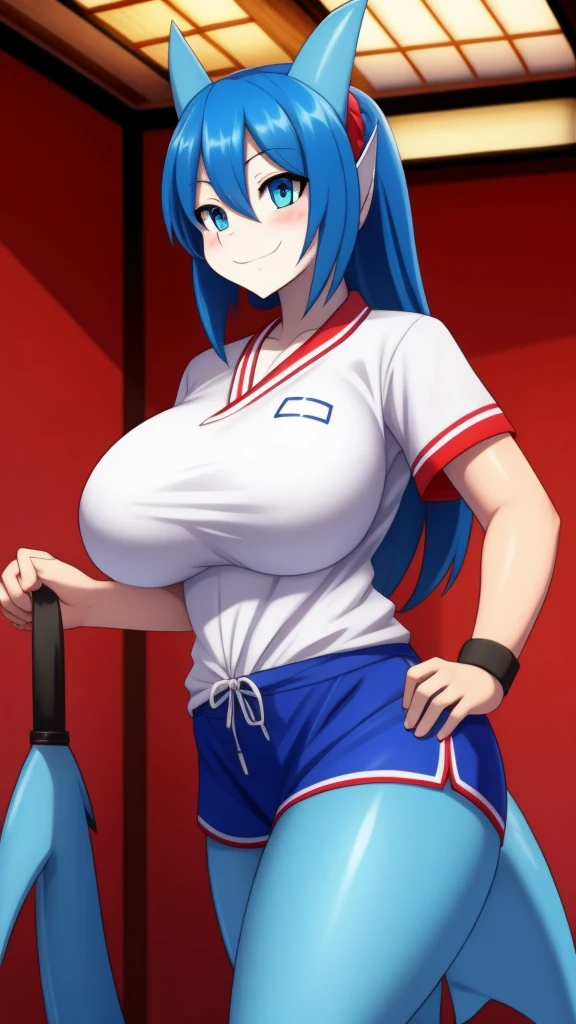 Shark girl, very sexy, big breasts, Japanese gym uniform