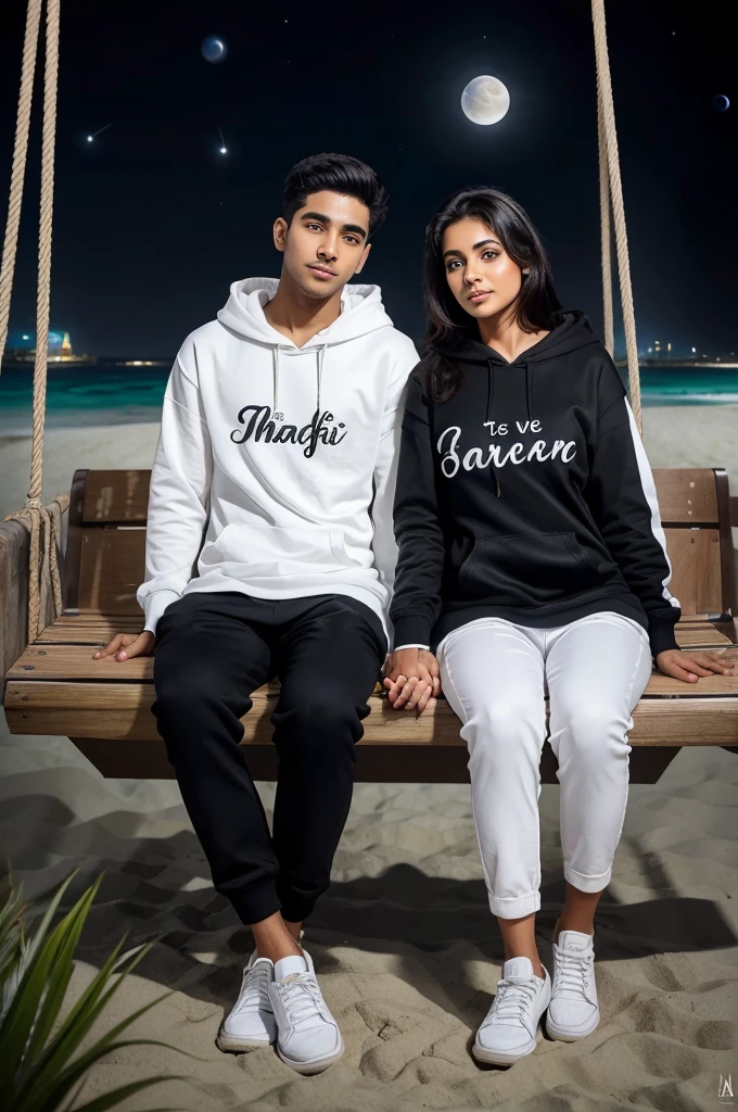 There are 20 Year old couple sitting if front on a swing in the Dubai beach beautiful greenery view, wearing a black and white hoodie, boy with name "Shakeel" write on it,girl with name "Rashmi" write on it lovely couple, sitting on a moon, heart emoji, holding hands in the moonlight realistic art painting