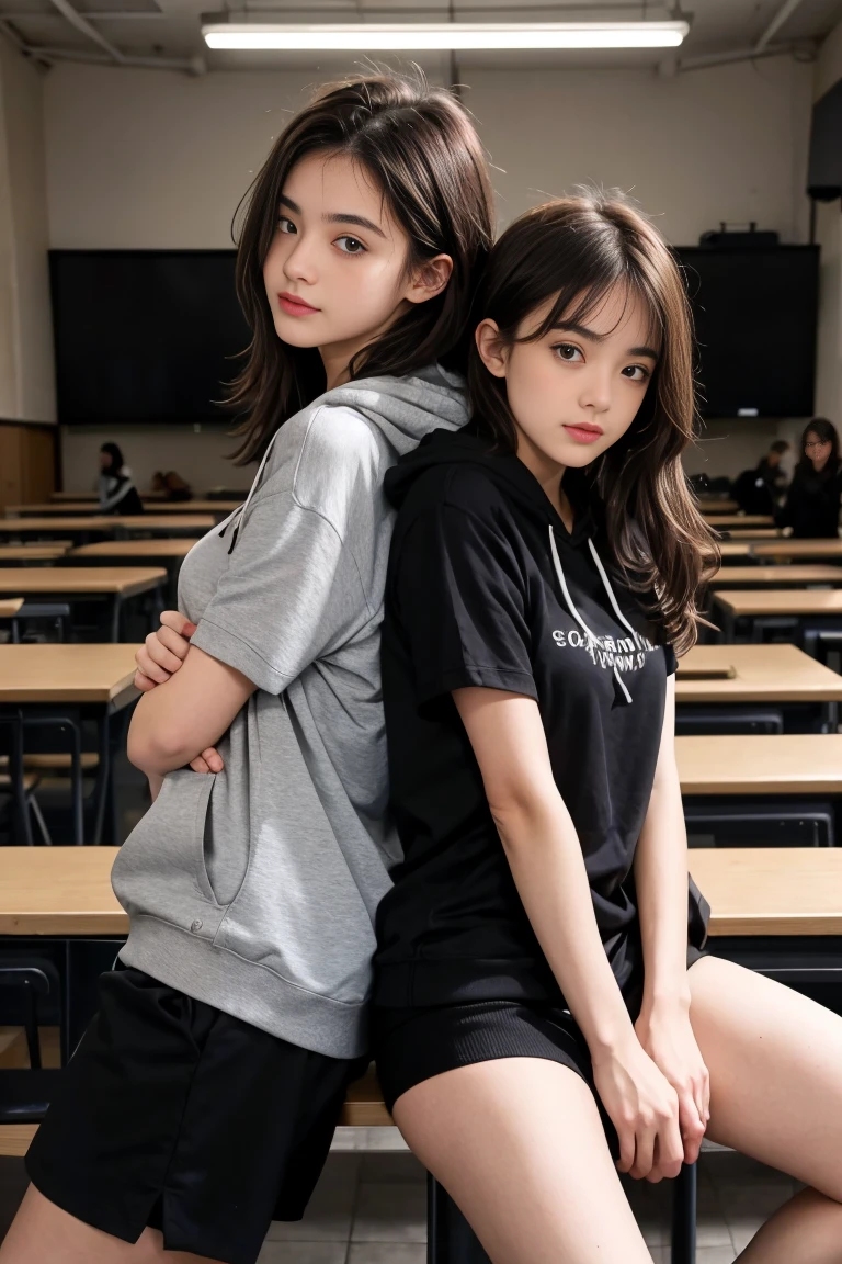deux femmes ensemble de 18 ans sexy et mince , black short sleeve hoodie , salle de classe, se touche,position sey,sensuel