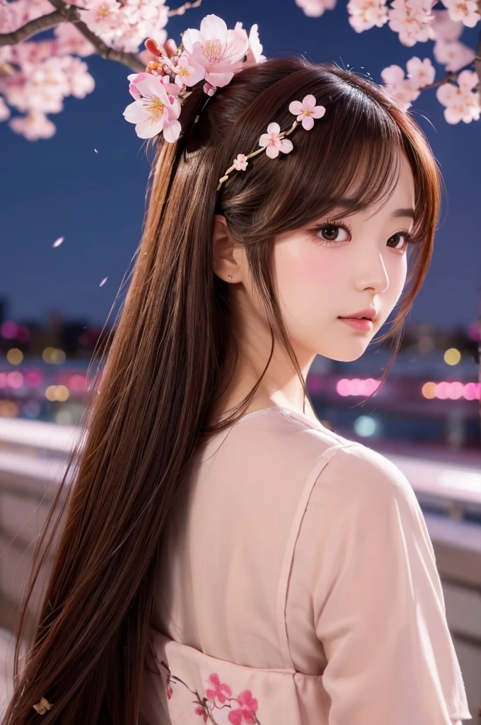 In a cartoon styleDraw a cherry blossom hairpin on your hairwith a matchlock gunDrawn with cherry blossoms at night in the backgroundhave a sniper