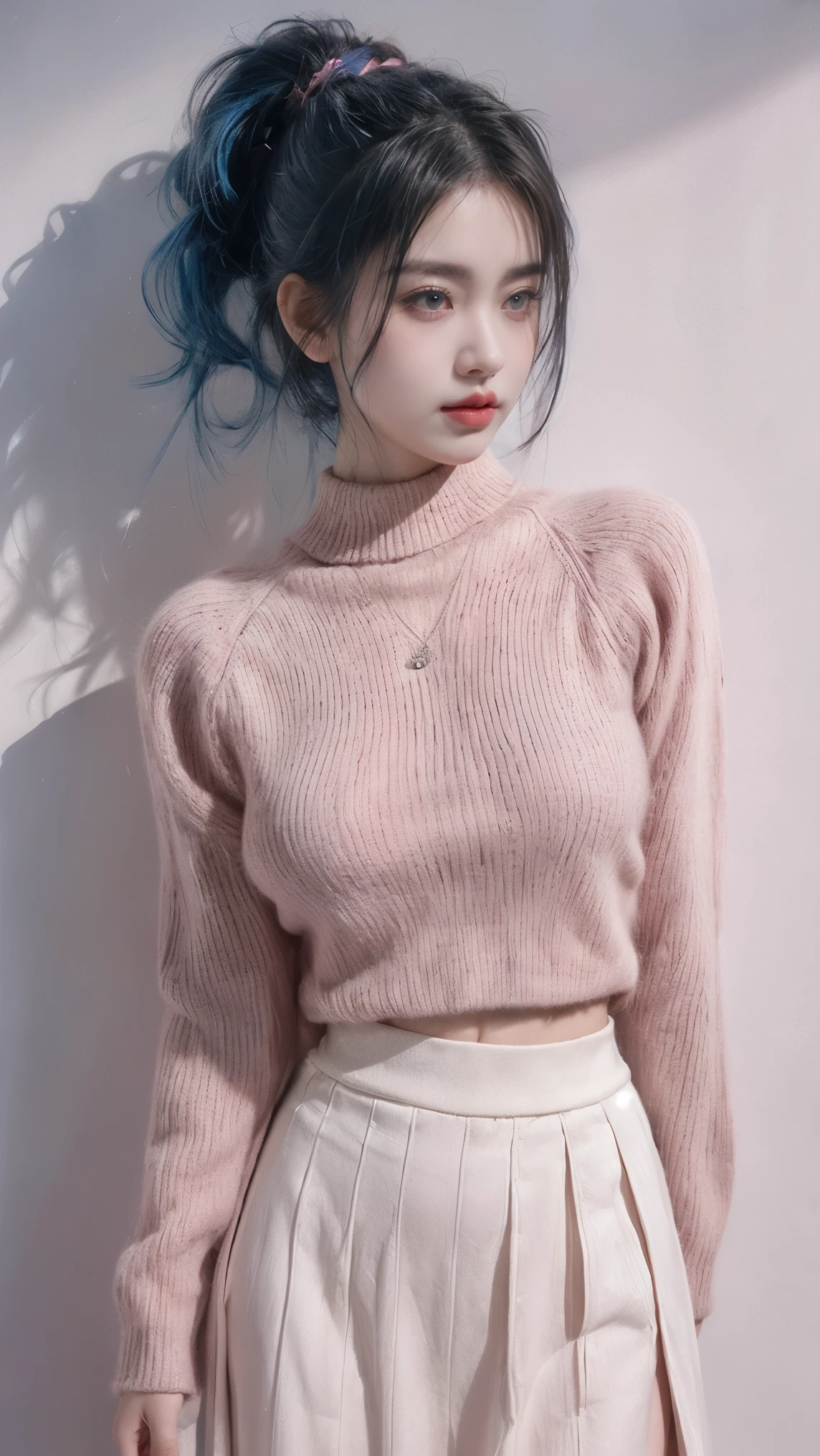 21yo girl,blue hair,ponytail hair,(wearing pink Midi Skirt Plisket),(Midi Skirt Plisket),(wearing sweater),(knit skirt), knit skirt, natural medium breast, plump body,single sidelock hairpin blush modern cinematic lighting,ray tracing,drop shadow wide shot UHD,textured skin,high details,best quality 4K