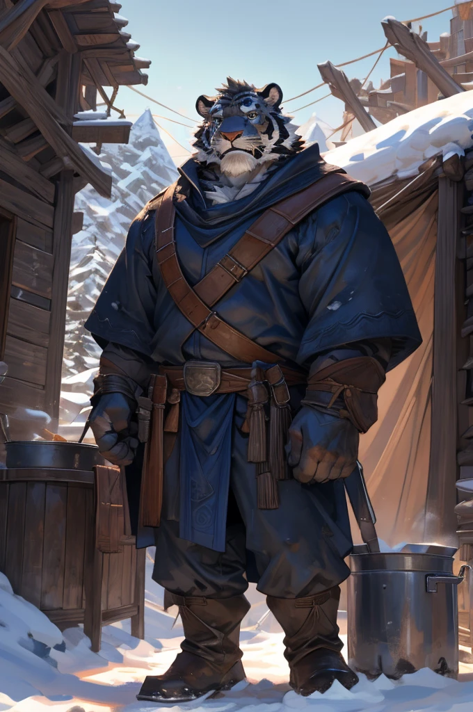 By Taran Fiddler, One man, furry, anthropomorphic snow tiger, mature male, dilf, older male, muscular, mustache, handsome face, white and black fur, stern face, medieval clothing, wearing light brown cloak, wearing satchel, standing up, arms crossed, cooking pot nearby, snow background, tent settlement background, moutain background, silhouettes in background (slightly crowded)
