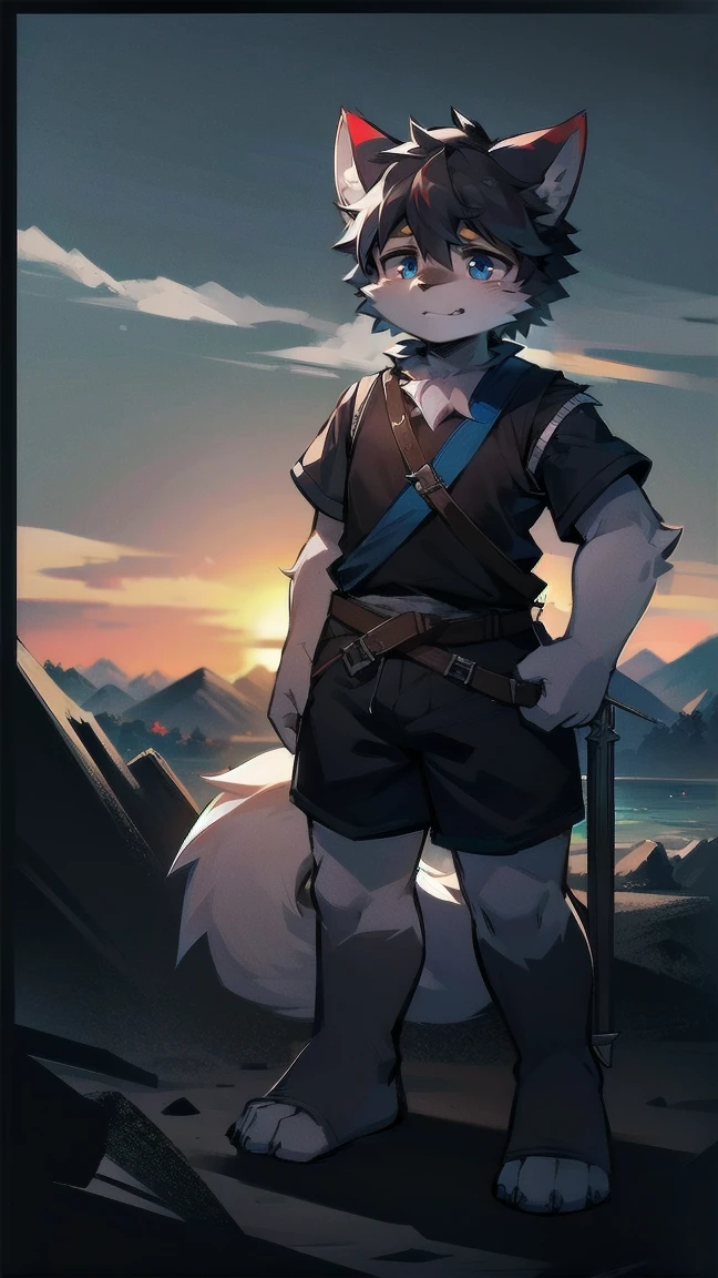 White Wolf,black hair,Sky blue eyes,hairy,Wolf ears,Wolf tail,Full body portrait,The character is in the center of the frame,Handsome,Confident eye***but,juvenile,Black and white combat uniform,Red neck bib,Black shorts,Short sleeve,hairy arms and legs,Dark background,Dark battlefield,dawn,sunrise,dawn,illumination,shadow,Swordsman,Scabbard and Hold the hilt of a in your hand,The scabbard is at the waist,Highest quality,A tall stature