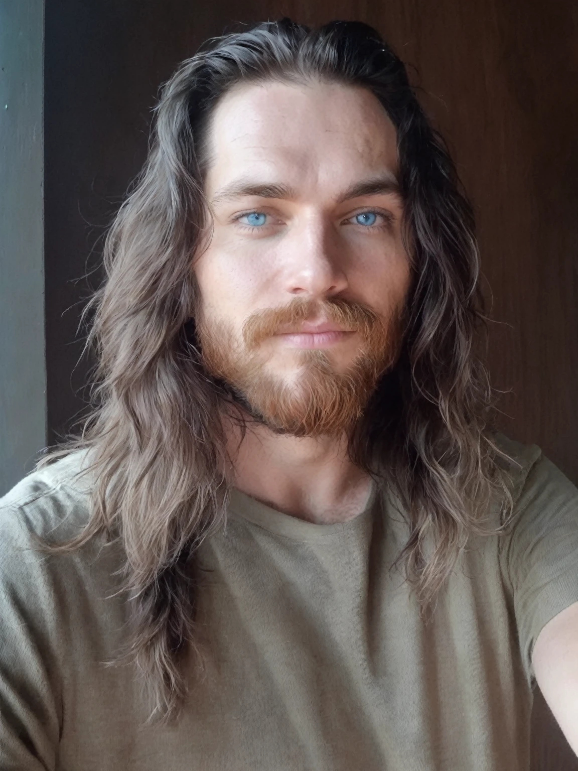 long hair with a beard, ses cheveux sont en désordre et négligés, 28 ans, 32 ans, une photo d'un homme échevelé, ambiance fallout, with bright blue eyes, habitant d'abris de Fallout 4