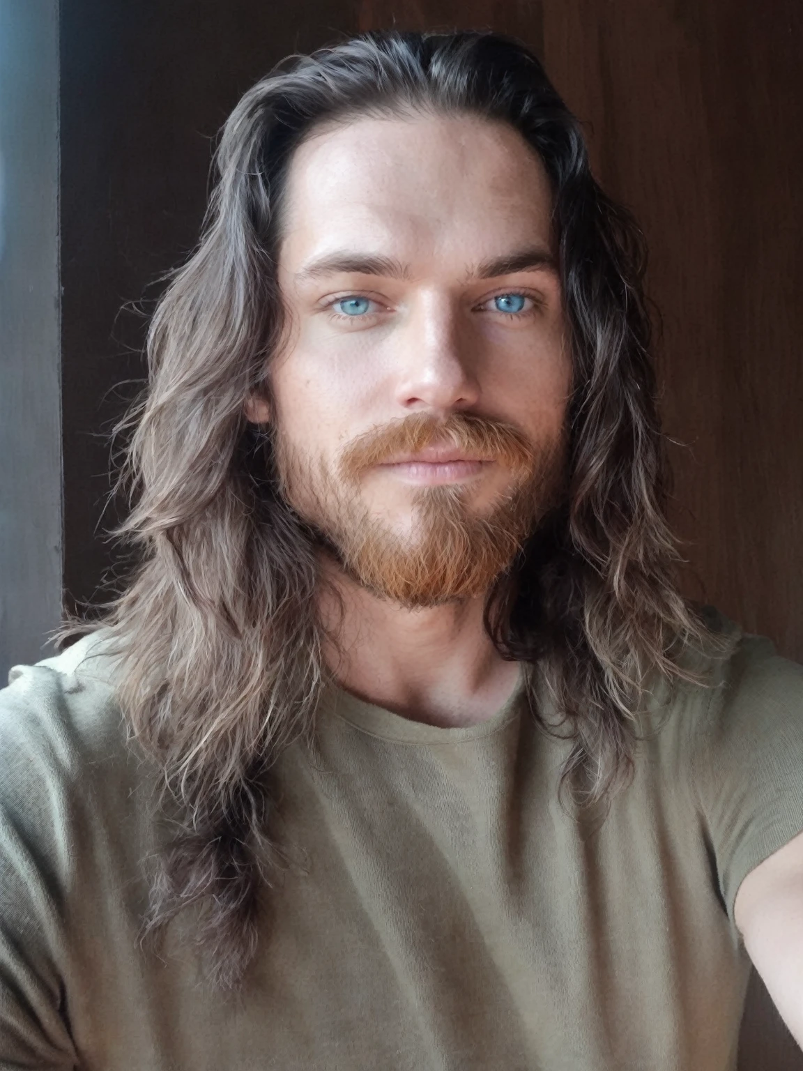 long hair with a beard,  ses cheveux sont en désordre et négligés, 28 ans, 32 ans, une photo d'un homme échevelé, ambiance fallout, with bright blue eyes, habitant d'abris de Fallout 4 