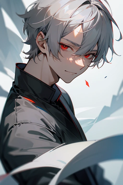 male、Gray Hair、Gray Hair、short hair、Red Eye、冷血なmale、good looking、Cold Face、Well-formed face、Well-built、Eyes staring at the one you love、View your viewers、looking at the camera、The expression is stiff、The kindness is conveyed、Smile a little、View from the side、