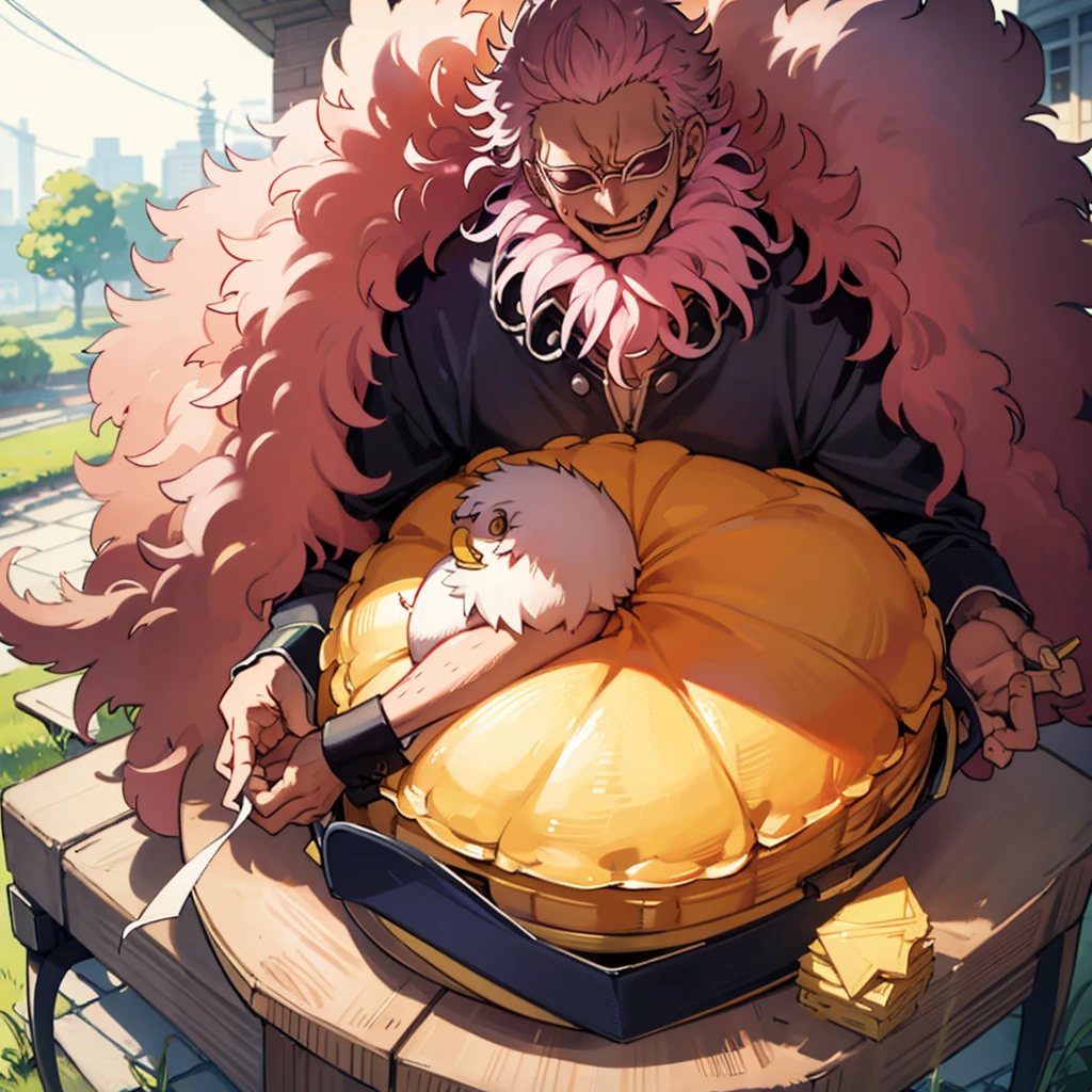 Doflamingo warming up an omelette in his nest