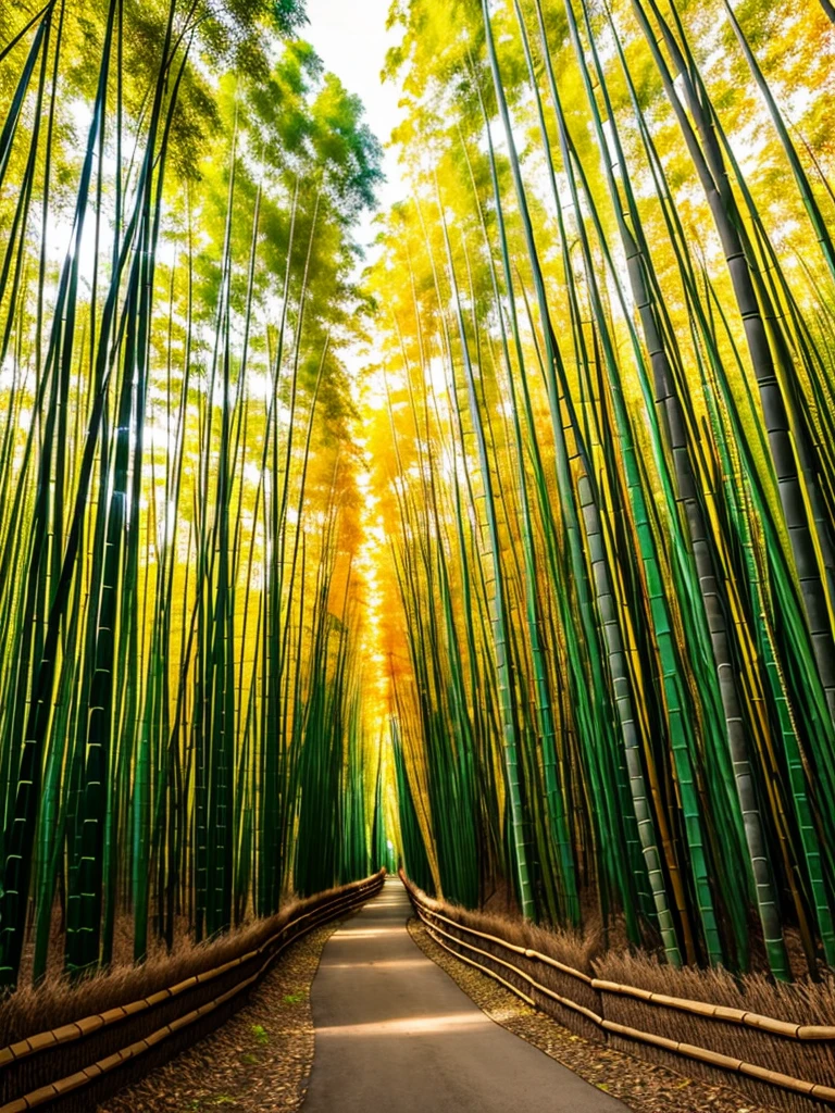 A bamboo forest with a contrast of yellow, orange and green